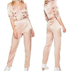 Free People Jumpsuit Womens Sz 8 Mystic Tan Pink Satin Silky Glam Festival Party